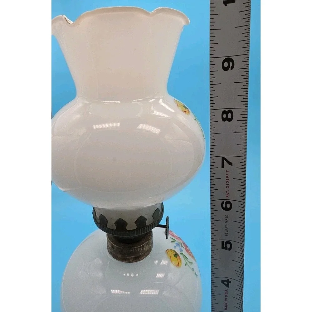 VTG Milk Glass Table Hurricane Oil Lamp w/Flowers 10